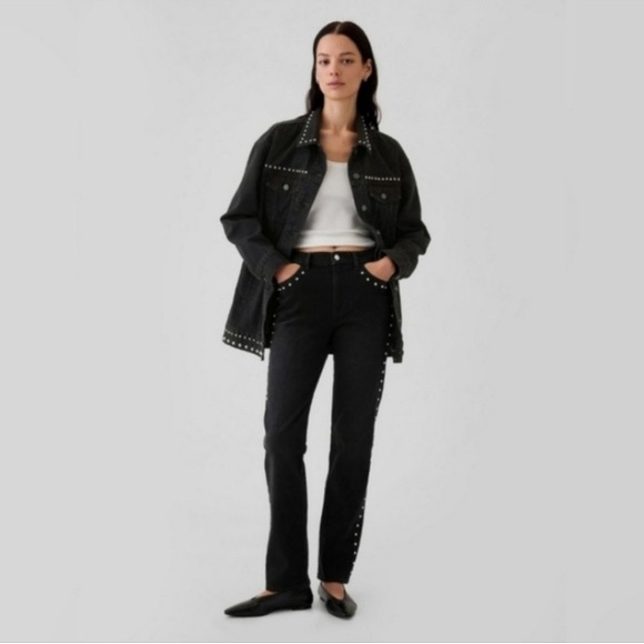 NWT Gap Studded Oversized Icon Denim Jacket Black M Petite - Picture 2 of 9